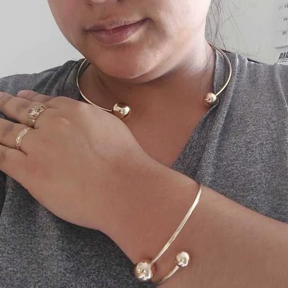 New Unique 2 Piece Metal Ball Open Collar Necklace & Bracelet Set - Picture 10 of 16